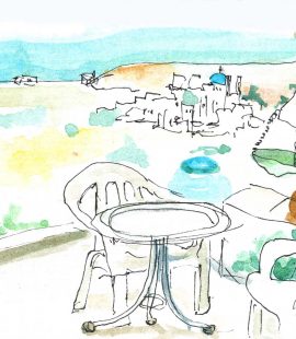 シフノス島アポローニャの宿からの眺めのスケッチ